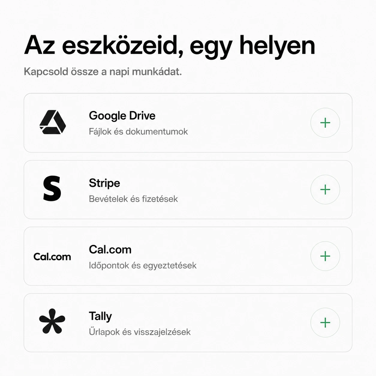 Google Drive, Stripe, Cal.com, Tally, Gmail, Shopify és WordPress: dokumentumok, bevételek, időpontok és űrlapok.
